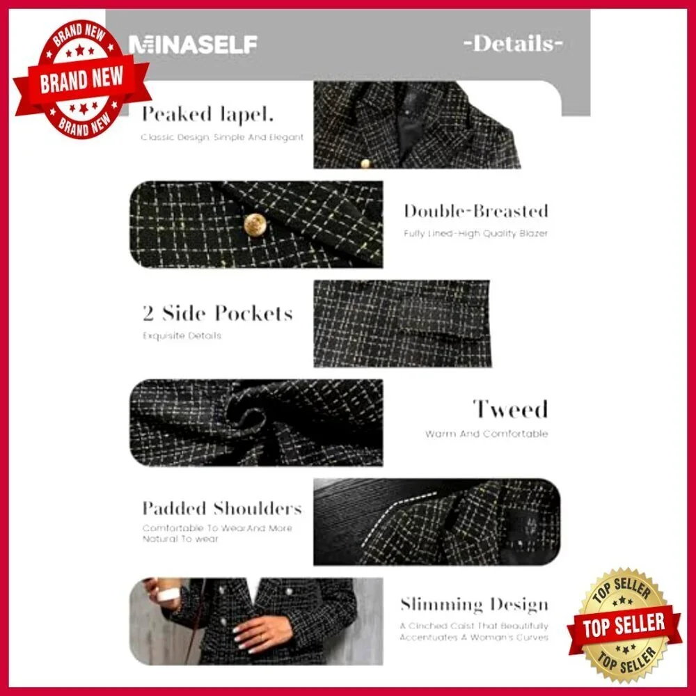 Women's Tweed Plaid Blazer Jacket Fully Lined Business Casual Coat